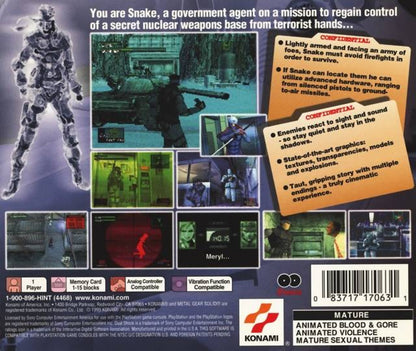 Metal Gear Solid disc from the Greatest Hits collection featuring stealth action gameplay as Solid Snake infiltrates enemy bases with tactical espionage, cinematic storytelling, and puzzle solving on the original PlayStation back cover