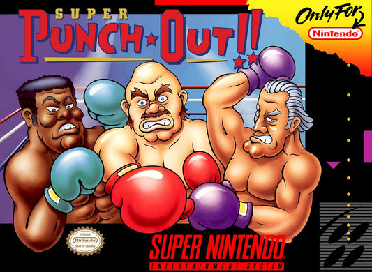 Super Punch-Out Super Nintendo Entertainment System SNES boxing sports video game sequel to Punch-Out Little Mac referee Mario opponents arcade style reflex-based gameplay championship circuit front box cover