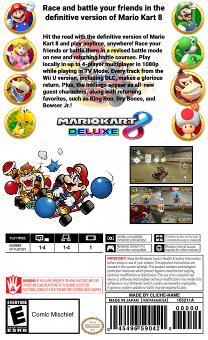 Mario Kart 8 Deluxe back of box for Nintendo Switch (NS) video game