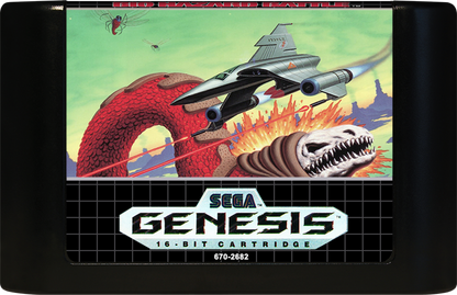 Bio-Hazard Battle game for the Sega Genesis featuring side scrolling shoot em up gameplay with organic themed environments weapon upgrades cooperative multiplayer and fast paced action as players pilot biomechanical ships through alien worlds  cartridge