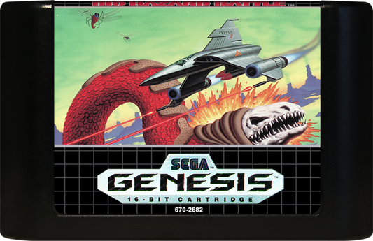 Bio-Hazard Battle game for the Sega Genesis featuring side scrolling shoot em up gameplay with organic themed environments weapon upgrades cooperative multiplayer and fast paced action as players pilot biomechanical ships through alien worlds  cartridge