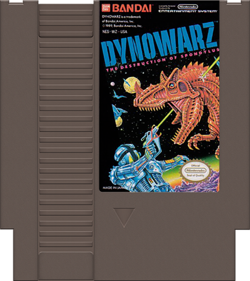 Dynowarz The Destruction of Spondylus Complete in Box CIB Nintendo Entertainment System NES for retro video game enthusiasts featuring action platforming gameplay futuristic mech combat side scrolling shooting dinosaur enemies challenging stages complete in box collectible gaming appeal cartridge