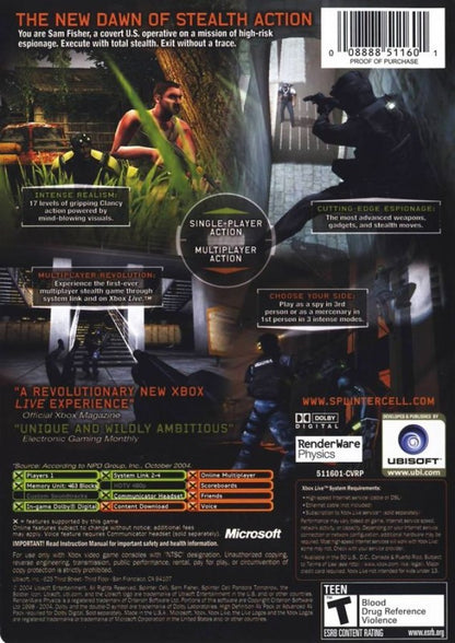 Tom Clancy’s Splinter Cell Pandora Tomorrow for Xbox Original Platinum Hits gameplay back cover art
