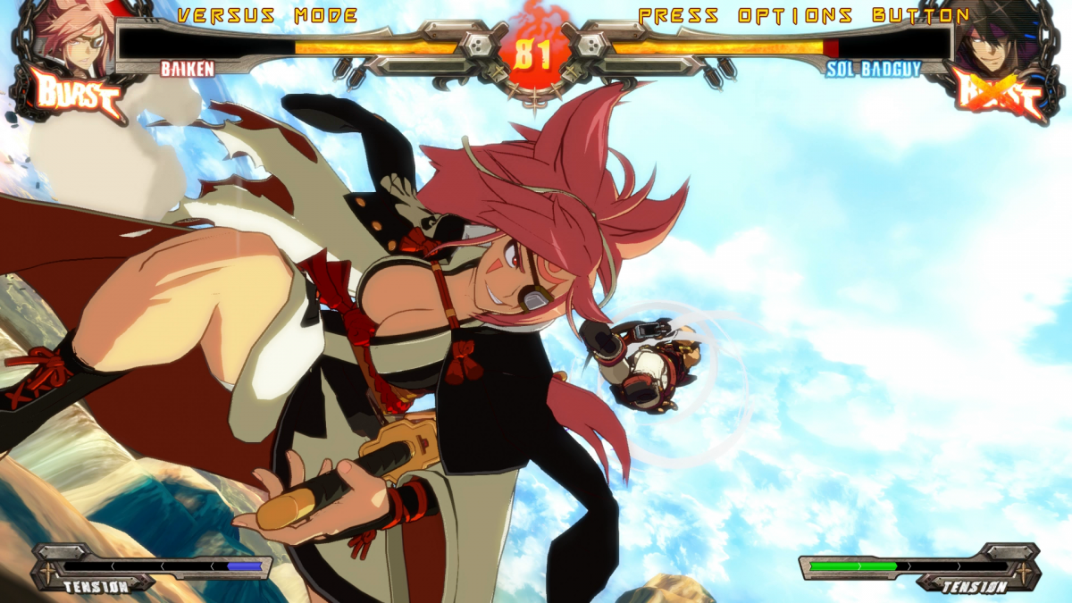 Guilty Gear Xrd Rev 2 PlayStation 4 fighting video game Arc System Works 2.5D cel-shaded graphical style anime-inspired characters Sol Badguy Ky Kuke Jack-O Venom Answer Baiken roster refined combat mechanics dramatic finishes story mode missions online multiplayer GGPO netcode training mode combo trials gameplay screenshot