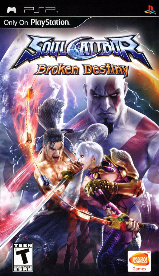SoulCalibur: Broken Destiny for PlayStation Portable (PSP) at Gamers INC, featuring the premier handheld entry in the legendary weapon-based fighting series that brings the fluid 8-way run system and deep character customization of SoulCalibur IV to the PSP, including over 20 iconic warriors—plus the exclusive guest appearance of God of War’s Kratos—for intense, high-fidelity duels anywhere you go front cover