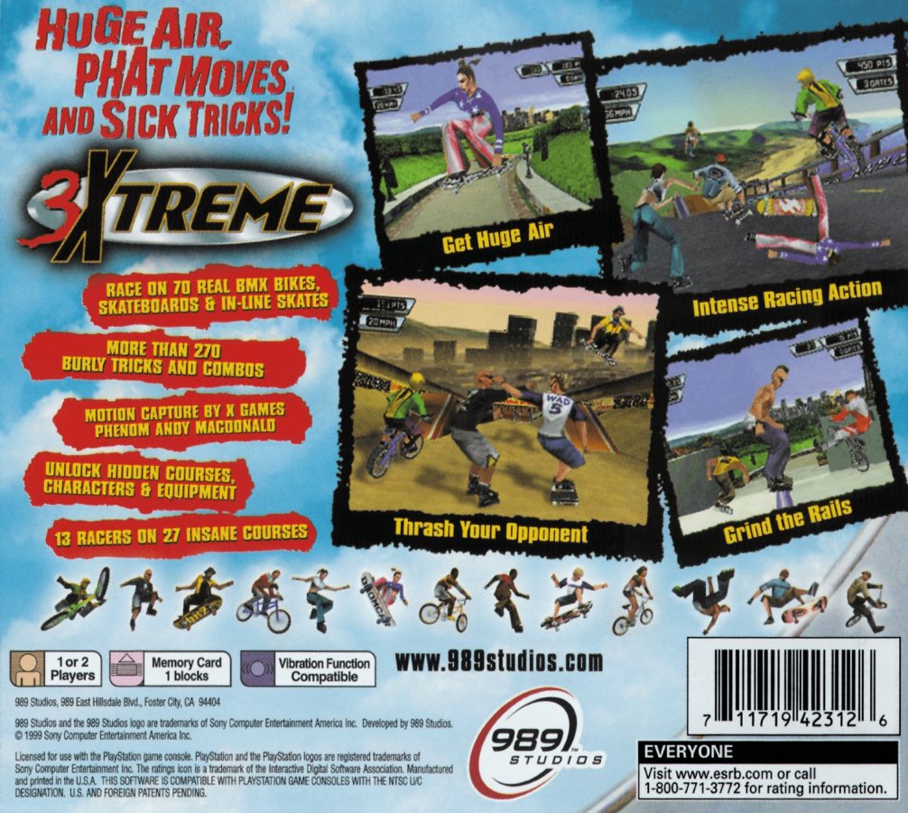 3Xtreme PlayStation 1 extreme sports racing video game inline skating biking skateboarding street luge stunts time trials competition modes back cover art