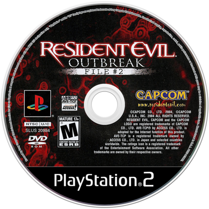 Resident Evil Outbreak: File #2 – PlayStation 2 (PS2) video game disc, survival horror game.