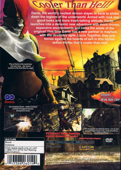 Devil May Cry 2 PlayStation 2 PS2 video game, action hack and slash, stylish combat, demon hunting gameplay, classic Capcom title back cover