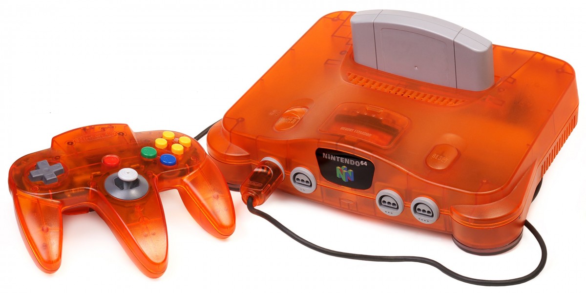 Top-down view of Nintendo 64 Funtastic Fire Orange console with translucent orange casing and classic N64 design and controller