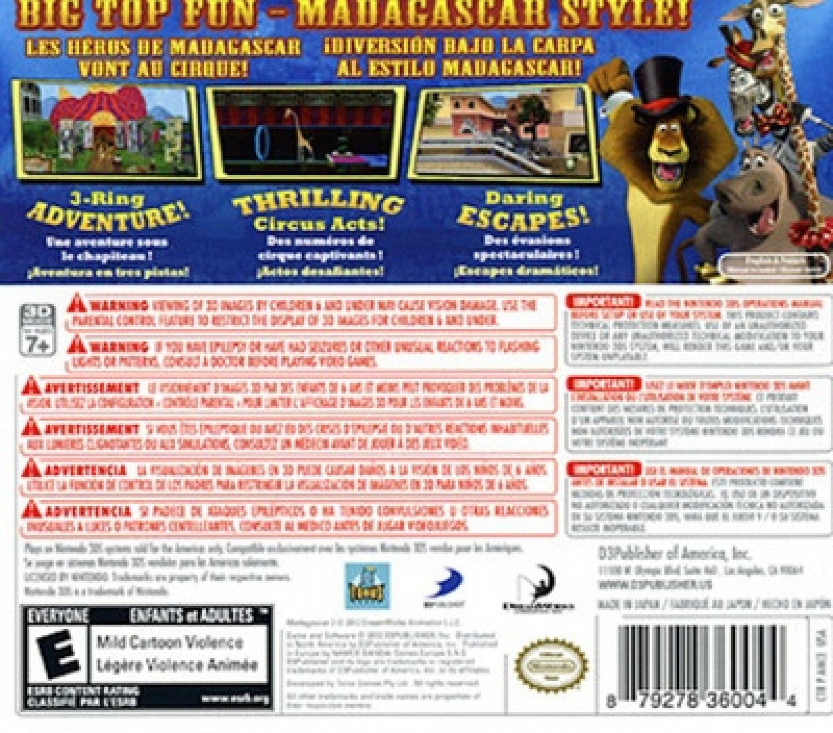 Madagascar 3 The Video Game Nintendo 3DS 3DS for action adventure video game fans featuring circus themed mini games favorite DreamWorks characters colorful platforming family friendly gameplay touch screen controls fun multiplayer challenges portable handheld entertainment collectible gaming appeal back cover art 