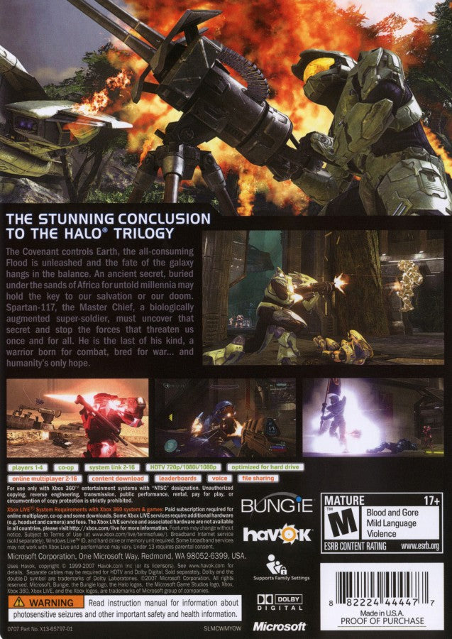 Halo 3 [Platinum Hits] back cover art for Xbox 360 (X360) sci-fi first-person shooter video game