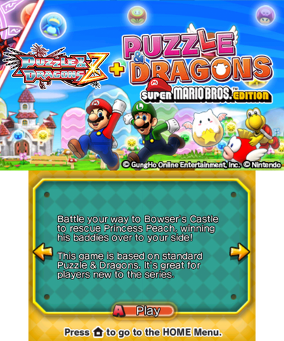 Puzzle & Dragons Z + Puzzle & Dragons Super Mario Bros Nintendo 3DS 3DS for puzzle role playing video game fans featuring match three puzzle battles monster collecting character progression colorful dungeons Mario characters special attacks team building challenging stages and addictive Nintendo 3DS gameplay collectible gaming appeal gameplay