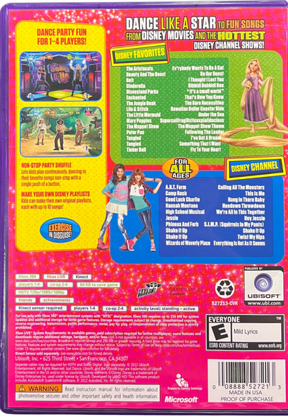 Retro Just Dance Disney Party Xbox 360 inspired design featuring family friendly rhythm dance gameplay aesthetic vintage HD era Disney musical performances colorful animated characters motion based party fun energetic choreography nostalgic interactive music experience presentation back art 