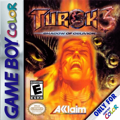 Turok 3: Shadow of Oblivion Nintendo Game Boy Color GBC for action platformer retro video game fans featuring dinosaur battles sci fi adventure side scrolling gameplay powerful weapons challenging enemies intense combat classic handheld gaming collectible gaming appeal front cover art