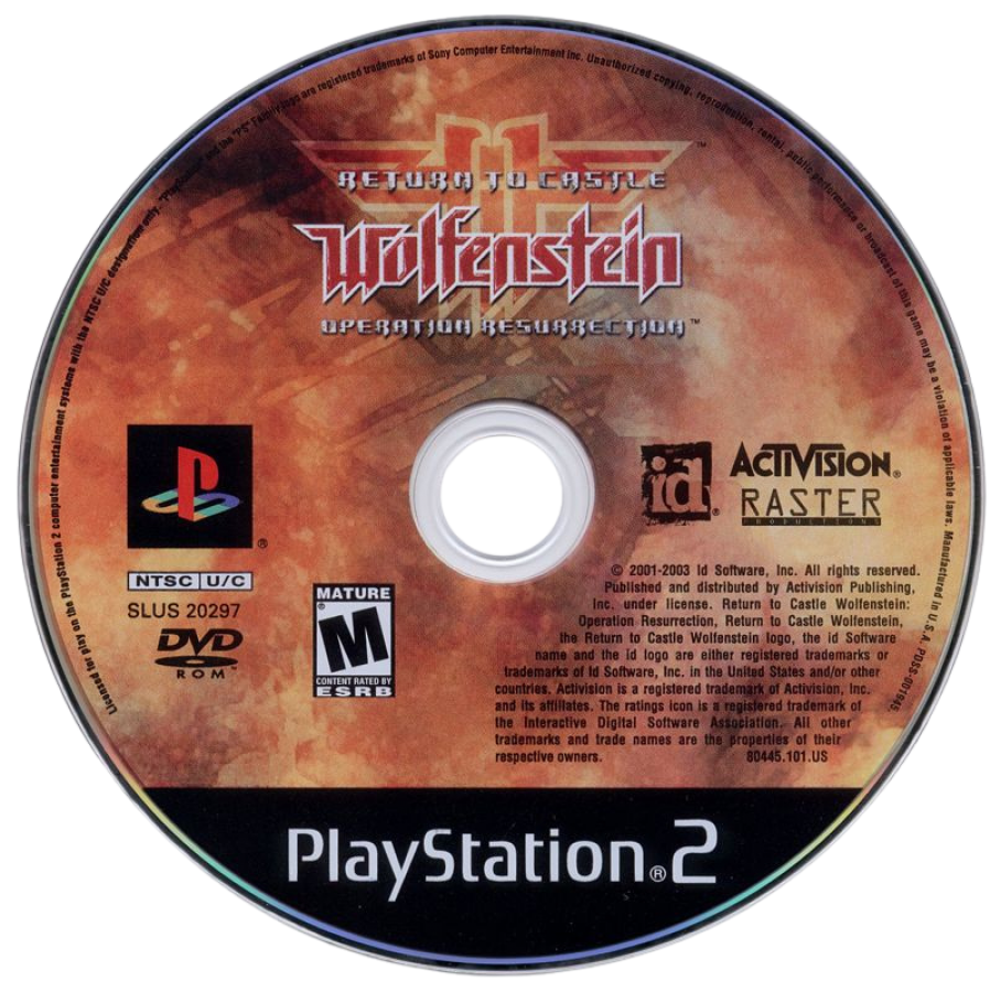 Return to Castle Wolfenstein: Operation Resurrection – PlayStation 2 (PS2) video game disc, first-person shooter.