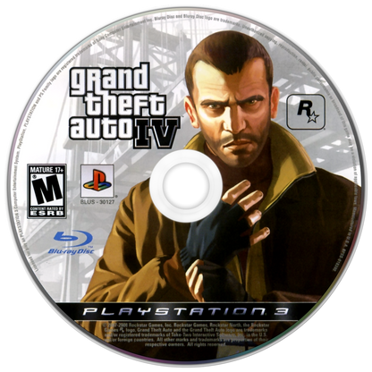 Grand Theft Auto IV PlayStation 3 PS3 video game, open-world action adventure, crime-driven storyline, sandbox gameplay, console title disc
