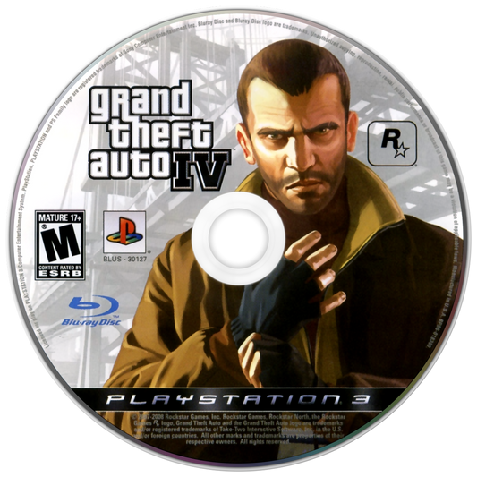 Grand Theft Auto IV PlayStation 3 PS3 video game, open-world action adventure, crime-driven storyline, sandbox gameplay, console title disc