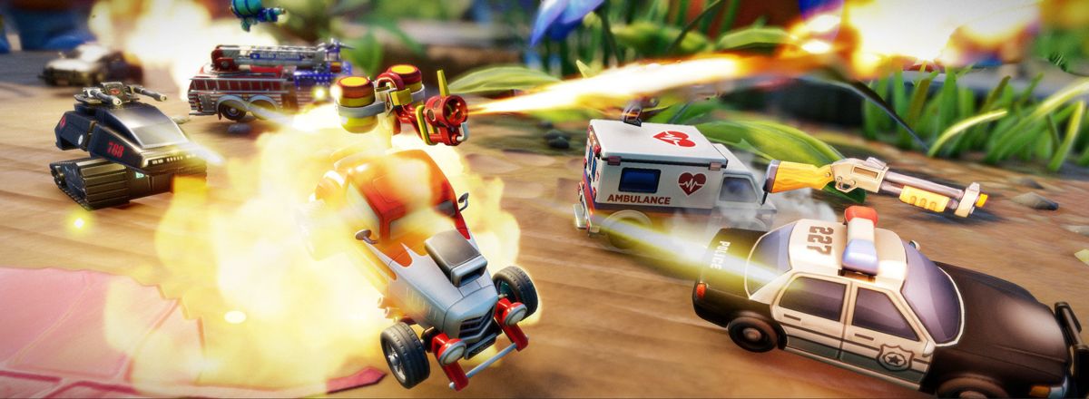 Micro Machines World Series PlayStation 4 PS4 arcade racing video game miniature vehicles household environments kitchen table garden workshop multiplayer chaos up to 12 players online four player local split-screen unique vehicle abilities special weapons power-ups Hasbro integration NERF blasters G.I. JOE tank Battle Mode arenas Capture the Flag King of the Hill mode gameplay