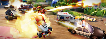 Micro Machines World Series PlayStation 4 PS4 arcade racing video game miniature vehicles household environments kitchen table garden workshop multiplayer chaos up to 12 players online four player local split-screen unique vehicle abilities special weapons power-ups Hasbro integration NERF blasters G.I. JOE tank Battle Mode arenas Capture the Flag King of the Hill mode gameplay