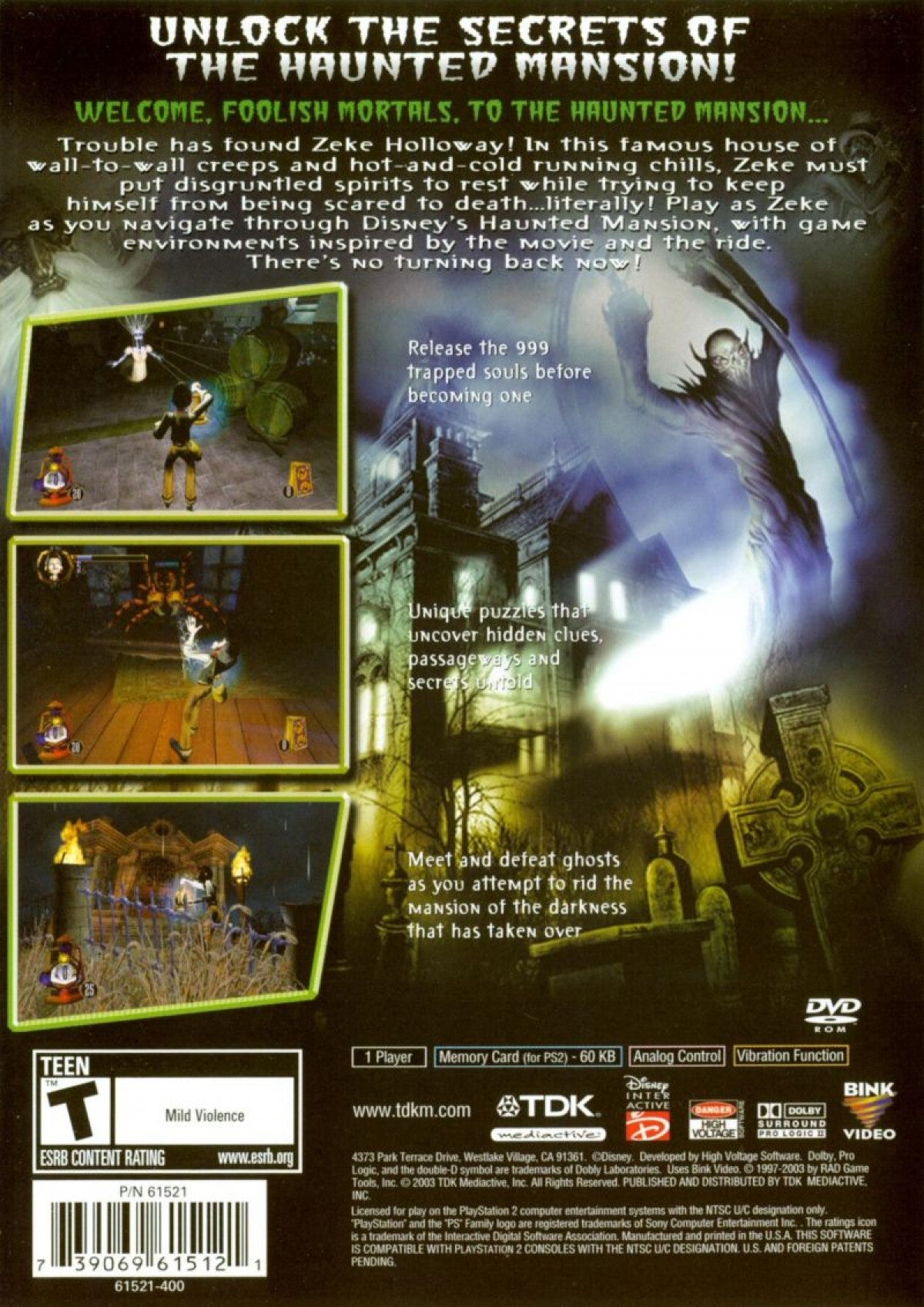 Disney's The Haunted Mansion PlayStation 2 PS2 for action adventure video game fans featuring spooky mansion exploration ghost hunting puzzle solving supernatural enemies atmospheric environments Disney inspired horror adventure mystical weapons cinematic gameplay collectible gaming appeal back cover art
