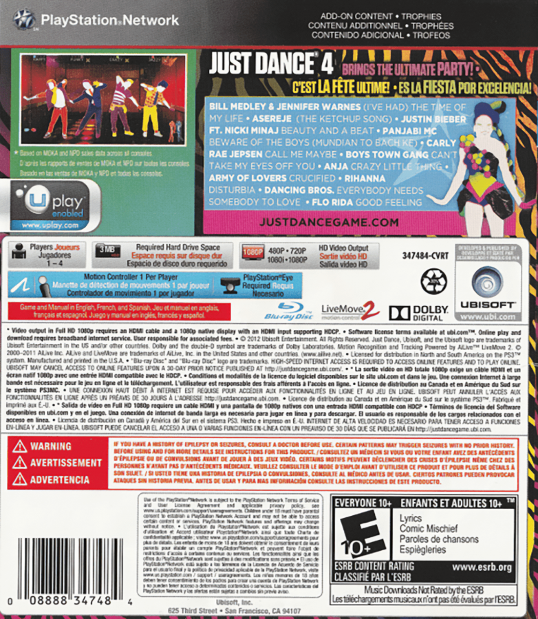 Just Dance 4 back cover art for PlayStation 3 PS3 video game