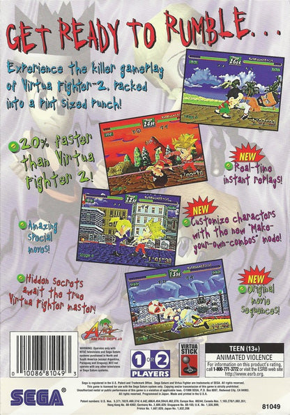 Virtua Fighter Kids Sega Saturn 3D fighting game super deformed chibi versions of Virtua Fighter characters arcade combat simplified mechanics Sega AM2 versus battles retro gaming Sega Saturn software video game title back cover art