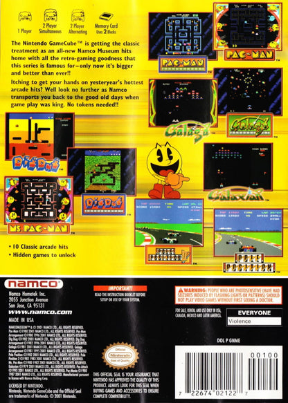 Namco Museum Nintendo GameCube GC video game, classic arcade game compilation, retro Namco titles, console collection game back cover