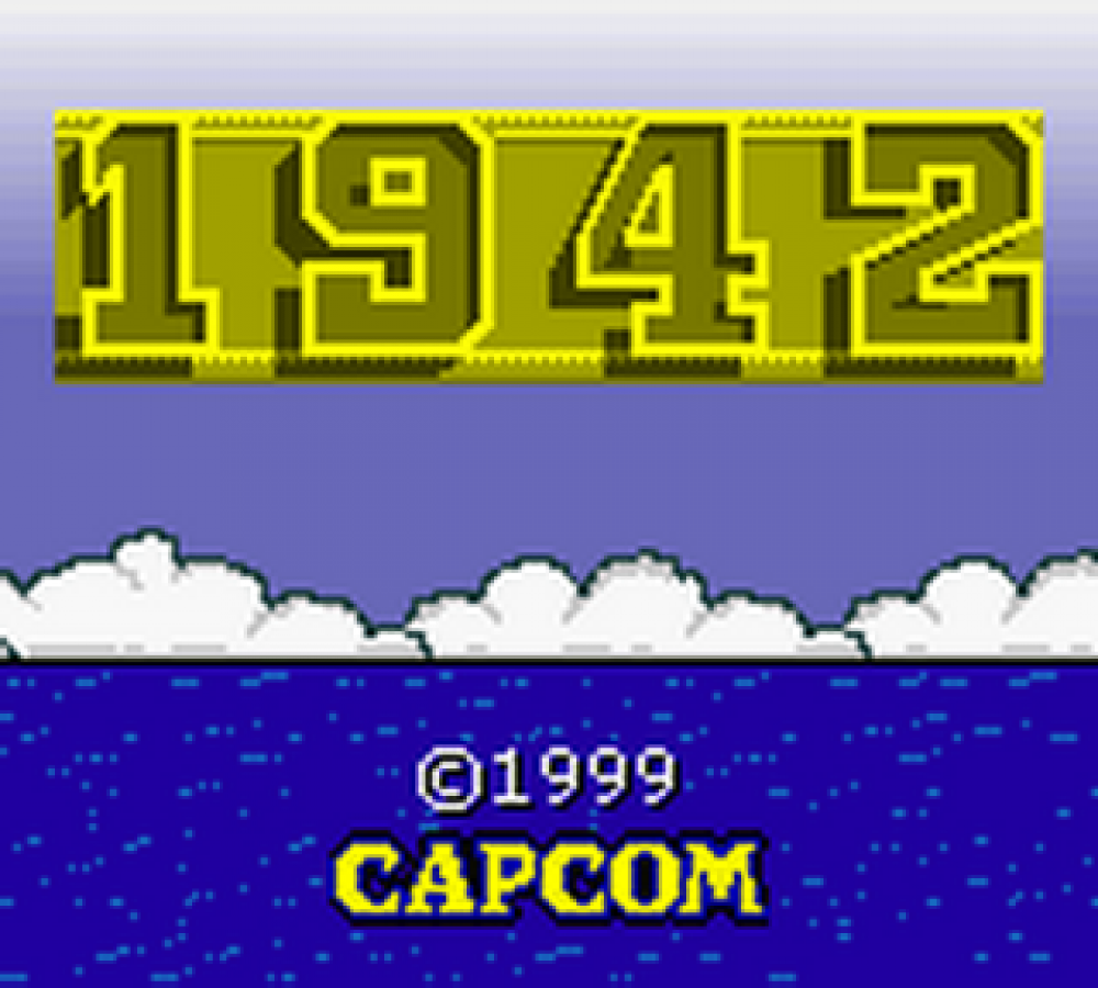 1942 Nintendo Game Boy Color GBC for vertical scrolling shoot em up retro video game fans featuring World War II aerial combat fighter aircraft intense arcade action enemy squadrons challenging missions classic handheld gaming collectible gaming appeal title screen