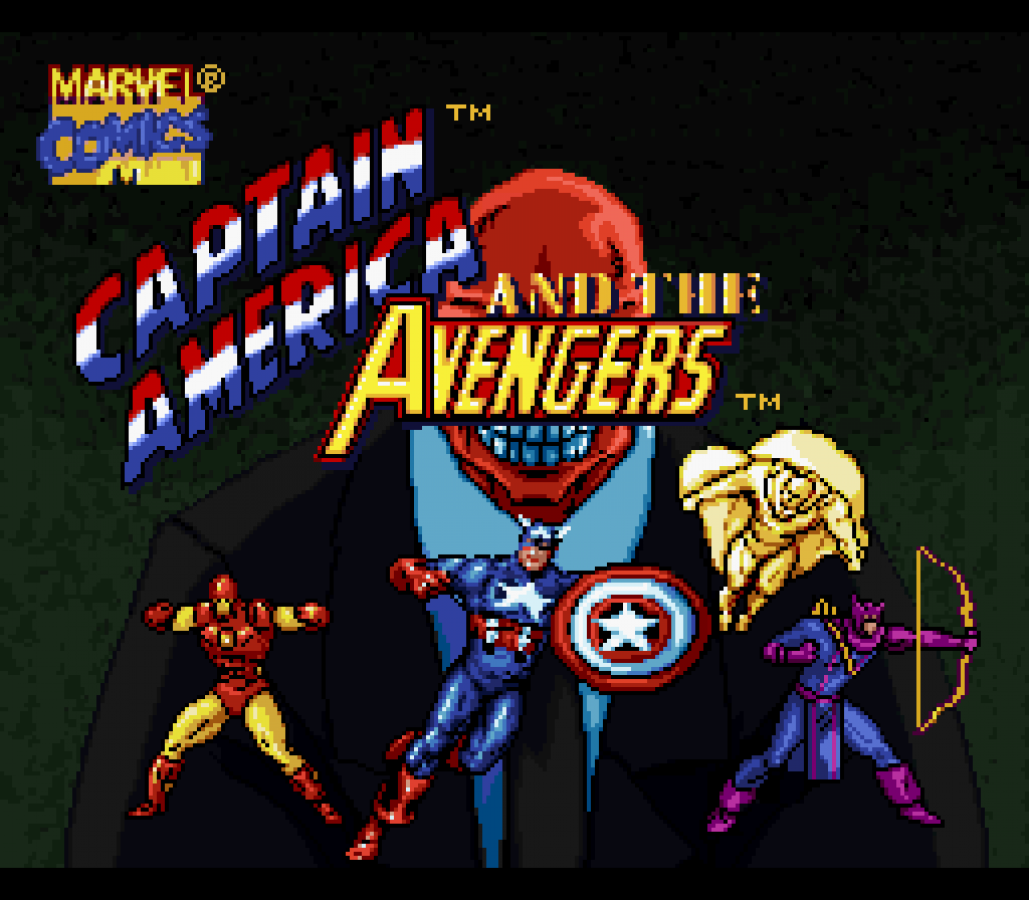 Captain America and the Avengers retro SNES video game Captain America Marvel superhero beat em up action combat cooperative gameplay arcade style adventure console title Super Nintendo release title screen