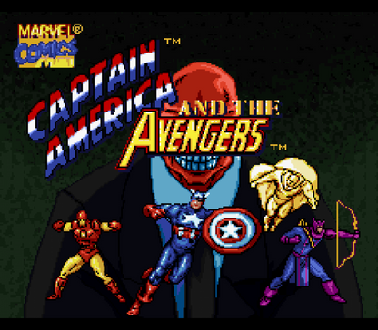 Captain America and the Avengers retro SNES video game Captain America Marvel superhero beat em up action combat cooperative gameplay arcade style adventure console title Super Nintendo release title screen