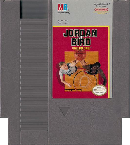 Jordan vs Bird One on One Nintendo Entertainment System NES video game featuring basketball gameplay Michael Jordan Larry Bird one on one matches shooting challenges dunking competitions free throw contests and classic 8 bit Nintendo sports gameplay retro video game collection collectible gaming appeal game cartridge