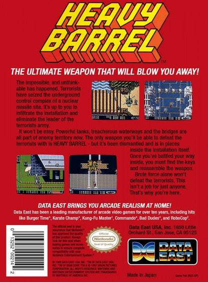 Heavy Barrel Complete in Box CIB Nintendo Entertainment System NES for retro video game enthusiasts featuring top down action shooter gameplay military combat missions powerful weapon upgrades cooperative arcade style action challenging enemy forces complete in box collectible gaming appeal back cover