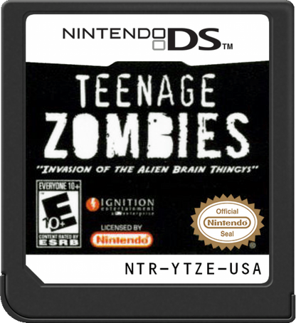 Teenage Zombies Nintendo DS side scrolling action platformer featuring undead teen heroes puzzle solving levels stylus based controls comic book art style quirky humor and sci fi storyline adventure cartridge