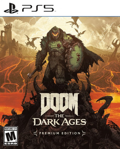 DOOM The Dark Ages PlayStation 5 PS5 for first person shooter video game fans featuring brutal demon combat medieval dark fantasy environments powerful weapons heavy armor shield combat chainsaw action intense boss battles cinematic campaign missions and fast paced demon slaying gameplay collectible gaming appeal front cover art