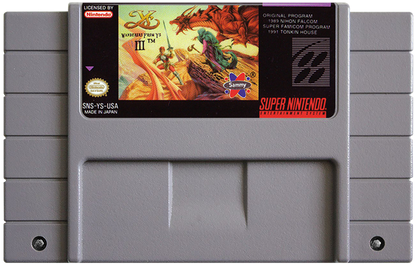 Ys III Wanderers from Ys retro SNES video game Ys fantasy action role playing side scrolling combat adventure exploration classic RPG gameplay console title Super Nintendo release cartridge