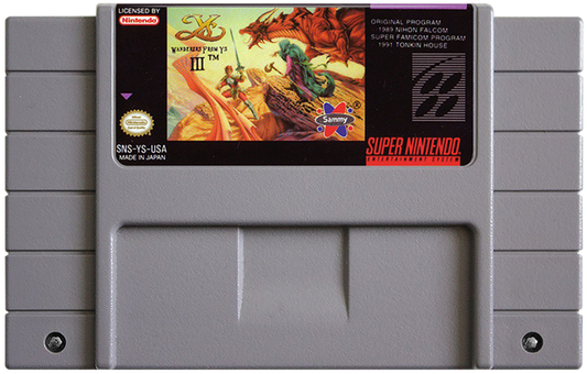 Ys III Wanderers from Ys retro SNES video game Ys fantasy action role playing side scrolling combat adventure exploration classic RPG gameplay console title Super Nintendo release cartridge