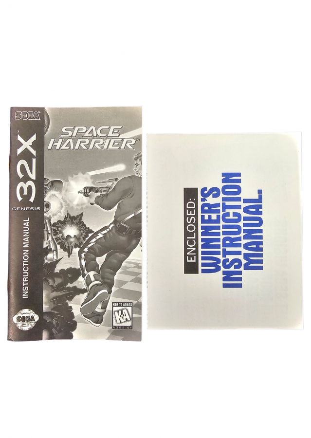 Space Harrier Sega 32X video game featuring fast paced arcade shooter gameplay third person flight action futuristic fantasy environments enemy battles giant creatures obstacle courses and classic Sega 32X gameplay retro video game collection collectible gaming appeal inserts