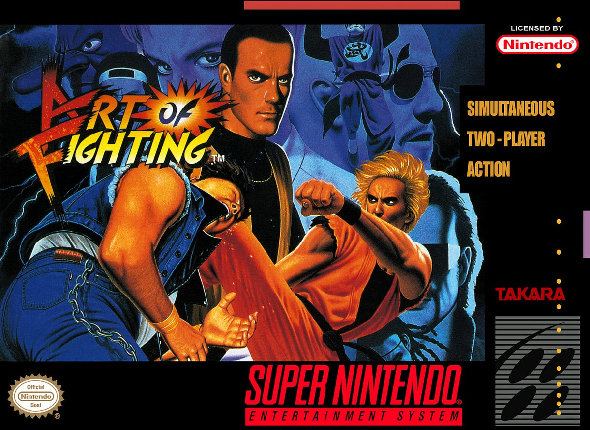 Art of Fighting Super Nintendo Entertainment System SNES video game featuring 2D fighting gameplay martial arts combat Ryo Sakazaki Robert Garcia special moves combo attacks competitive matches character battles and classic 16 bit Nintendo arcade gameplay retro video game collection collectible gaming appeal front cover art