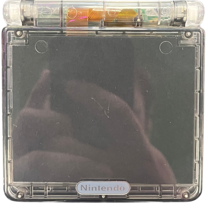 Retro GBA SP custom shell IPS mod inspired design featuring upgraded Nintendo handheld gaming console aesthetic vibrant custom housing backlit IPS display rechargeable clamshell portable system nostalgic retro gaming hardware presentation top