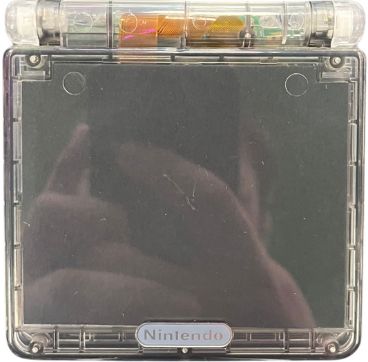 Retro GBA SP custom shell IPS mod inspired design featuring upgraded Nintendo handheld gaming console aesthetic vibrant custom housing backlit IPS display rechargeable clamshell portable system nostalgic retro gaming hardware presentation top
