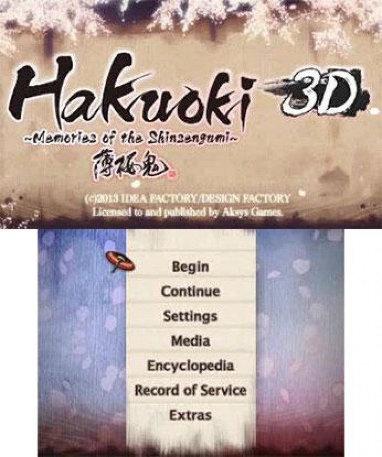 Hakuoki: Memories of the Shinsengumi start screen for Nintendo 3DS (3DS) visual novel video game