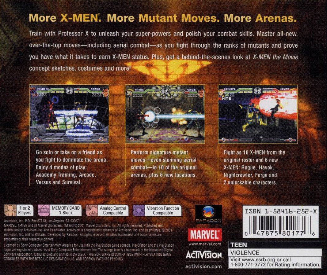 X-Men Mutant Academy 2 PlayStation 1 PS1 for retro video game enthusiasts featuring superhero fighting gameplay iconic X Men characters fast paced one on one battles special mutant powers combo based combat comic inspired arenas and collectible gaming appeal back cover