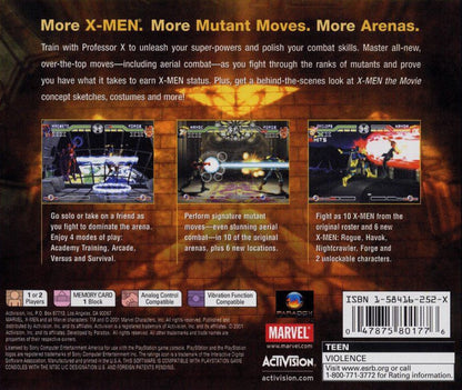 X-Men Mutant Academy 2 PlayStation 1 PS1 for retro video game enthusiasts featuring superhero fighting gameplay iconic X Men characters fast paced one on one battles special mutant powers combo based combat comic inspired arenas and collectible gaming appeal back cover