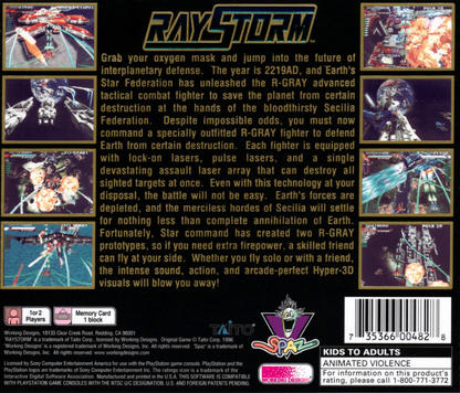RayStorm PlayStation 1 PS1 3D arcade spaceship shoot 'em up vertical arcade-style shmup port lock-on targeting system shooter arcade port high difficulty sci-fi graphics explosions boss fights music ray series giant ships back cover art