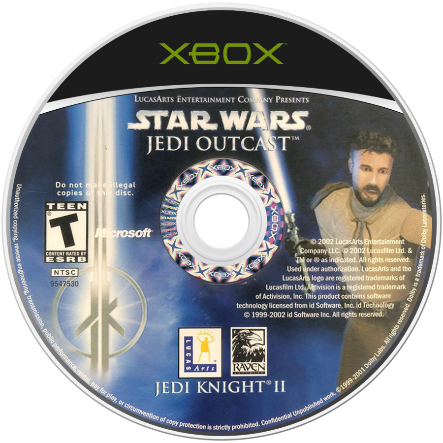 Star Wars Jedi Knight II Jedi Outcast Xbox video game, action shooter, lightsaber combat, Force powers, classic Star Wars console title disc art