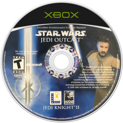 Star Wars Jedi Knight II Jedi Outcast Xbox video game, action shooter, lightsaber combat, Force powers, classic Star Wars console title disc art