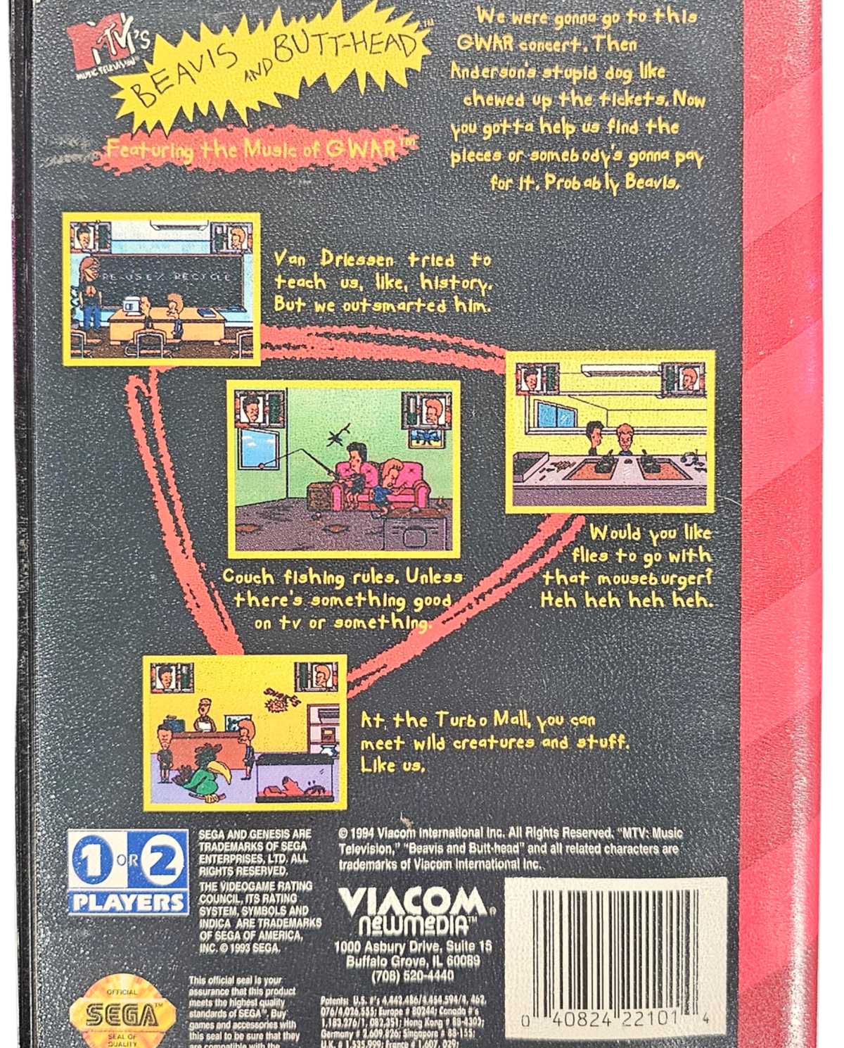 Beavis and Butt-Head Sega Genesis GEN video game featuring side scrolling action platforming gameplay iconic MTV animated characters Beavis and Butt-Head rock music inspired adventure humor filled missions suburban exploration enemy encounters object collecting obstacles and hazards outrageous cartoon antics comedy themed challenges and classic 16 bit Sega gaming retro video game collection collectible gaming appeal back cover art