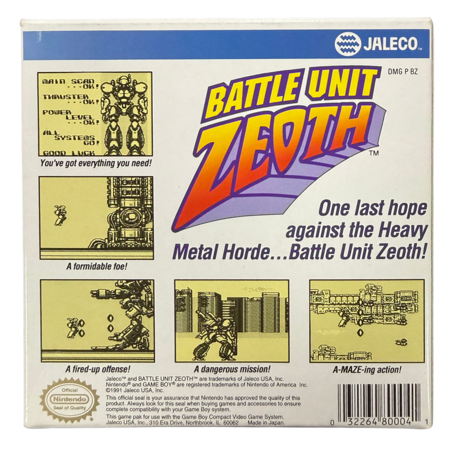 Battle Unit Zeoth Game Boy GB for action shooter video game fans featuring fast paced side scrolling combat futuristic environments challenging enemy encounters powerful weapons platforming elements boss battles and classic monochrome handheld gameplay collectible retro Nintendo Game Boy gaming appeal back cover art
