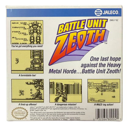 Battle Unit Zeoth Game Boy GB for action shooter video game fans featuring fast paced side scrolling combat futuristic environments challenging enemy encounters powerful weapons platforming elements boss battles and classic monochrome handheld gameplay collectible retro Nintendo Game Boy gaming appeal back cover art