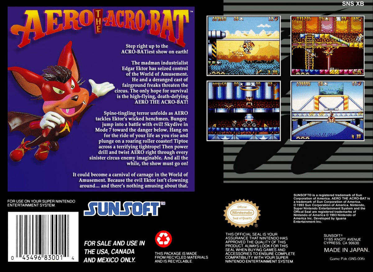 Aero the Acro-Bat Super Nintendo Entertainment System SNES video game featuring action platforming gameplay Aero acrobat character circus adventure colorful environments enemy encounters jumping challenges collectible items and classic 16 bit Nintendo gameplay retro video game collection collectible gaming appeal back cover art